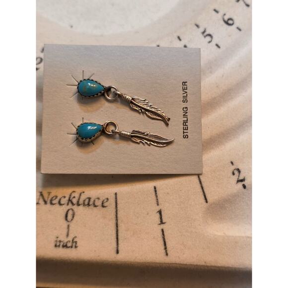 Sterling Silver & Turquoise Feather Dangle Earrings 1.5" - Picture 2 of 10